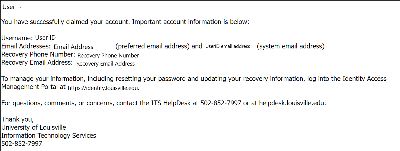 Screenshot of the confirmation email received when an employee or student successfully claims their account